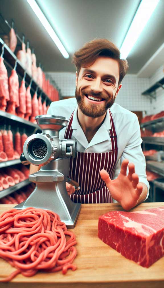 Carnicero saludando a cámara con su picadora de carne al lado